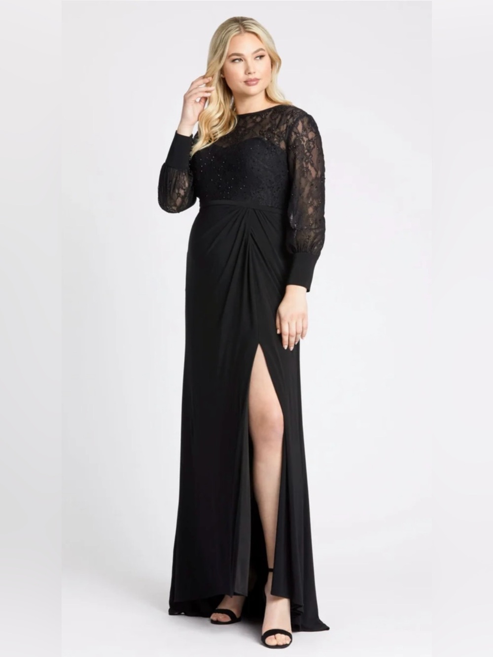 Mac Duggal Black Lace Bodice Long Sleeve Evening Gown